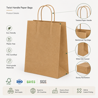 Sac en papier kraft à poignée torsadée résistant à l'huile, sac d'emballage alimentaire, impression personnalisée pour les frites, les snacks, la boulangerie, la vente à emporter, en gros, OEM