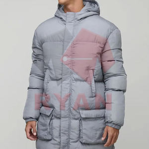 เสื้อแจ็คเก็ตแฟชั่นฤดูหนาวสำหรับผู้ชาย ทรงหลวม กันลม เสื้อโค้ทยาว มีฮู้ดอุ่น คอตั้ง โลโก้ด้านหน้า ลายทอไร้รอยต่อ - Product Image 4