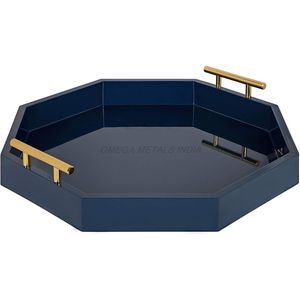 Plateau en bois de couleur bleu foncé avec une forme octogonale élégante et des poignées dorées élégantes, parfaites pour un décor moderne. - Product Image 2