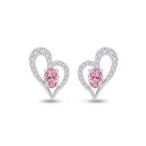 NOVAMART Fine Silver Cuore Pink Heart <b>Stud</b> <b>Earrings</b> with Emerald Cut Diamond Zircon Pearl Cute Style for Wedding Engagement Anni - Product Image 1