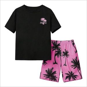 Conjunto de camiseta gráfica de manga corta con lavado ácido de algodón transpirable de verano con estampado personalizado para hombre, pantalones cortos a juego, traje de dos piezas - Product Image 1