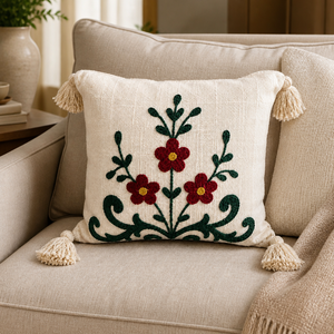 Cojín Decorativo Bordado a Mano con Flores de Algodón y Borlas, con Relleno, Diseño de Enredadera de Flores Rojas, para Sala de Estar - Product Image 3