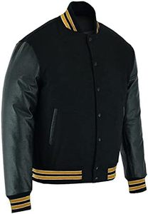 New Varsity Letterman <b>Baseball</b> <b>Bomber</b> <b>Jacket</b> - Vintage Solid Black Wool with Multi-Trim Leather Sleeves - Product Image 3