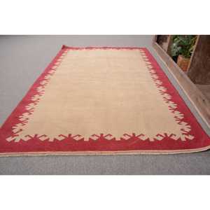 Turkish Accent Rug 3.6x5.6 ft <b>Red</b> Beige Patchwork <b>Wool</b> Rug with Latex Backing Eco Friendly - Product Image 1