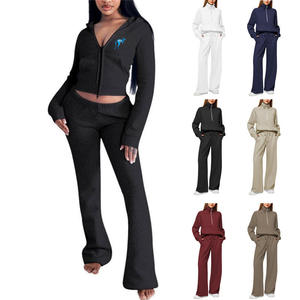 Trajes de dos piezas, conjunto de trajes cálidos de Color sólido, conjuntos de ropa de otoño e invierno para mujer, sudadera con cremallera y cuello levantado, Pantalones - Product Image 6