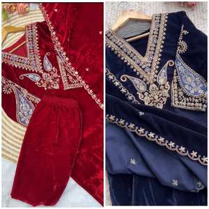 Designer New Party Wear Viscose Velvet Heavy Sequence Brodé Top Rivet Moti Work Coin Latkan Work Dupatta pour l'hiver - Product Image 6