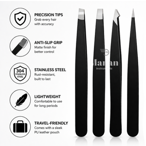 Juego de 4 Pinzas para Cejas de Acero Inoxidable, Inclinadas, Planas, Puntiagudas, Anguladas, Herramienta de Depilación de Precisión, Color Negro - Product Image 4