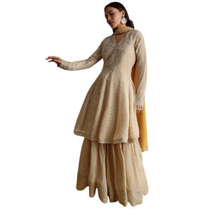 ชุดสูทเคอร์ตาชาราปักลายเนื้อเยื่อสีเบจบดพร้อมชุดปาร์ตี้งานแต่งงาน Dupatta การต้อนรับและการสั่งซื้อที่กำหนดเอง - Product Image 2