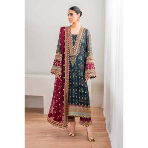Women's <b>Green</b> Embroidered Chiffon 3-Piece Suit Set with Organza & <b>Silk</b> UF-689 - Product Image 1