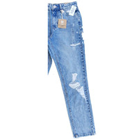 Pantalon en jean décontracté pour femme, coupe droite, coton élasthanne, cinq poches, taille mi-haute, délavage clair, effet vieilli, pulvérisation PP, sablage