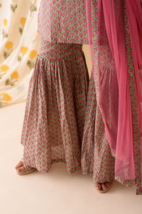 Mint Pink BlockPrint Sharara Set Indian Fashion Styling Quality <b>Kurti</b> and Pants From Indian Manufacturer - Product Image 2