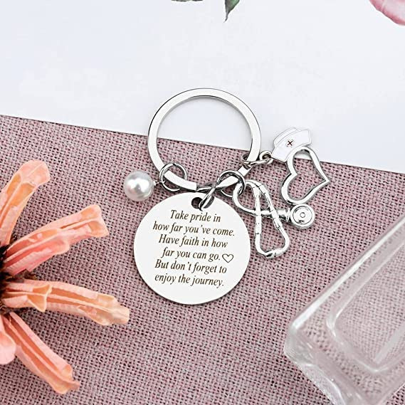 SHTALHST Nurse Keychain - Stainless Steel Inspirational Gift With Stethoscope & Mask Charm, White - View #7