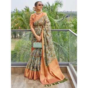 Elegante Sari de Organza con Estampado Floral Azul Cielo para Novias y Damas de Honor - Product Image 3