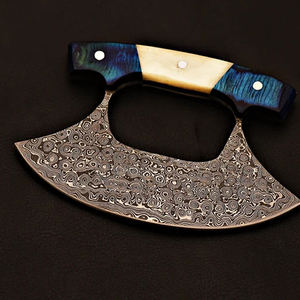 Couteau Jehan Ulu en acier Damas fait main avec manche en os et bois bleu - Product Image 3