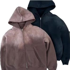 Sweat à capuche zippé intégral pour homme, style streetwear personnalisé, imprimé vintage, effet délavé, déchirures, broderie, patch, manches zippées, coupe ample et courte - Product Image 6