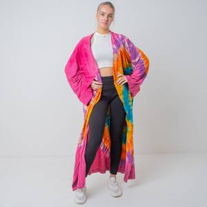 Magnifique kimono en coton pour femme, nouvelle robe d'été, chic bohème, longueur au sol, look de vacances, teinture unie naturelle - Product Image 2