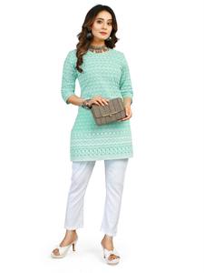 Precio de fábrica al por mayor Schiffli trabajo algodón Kurti para la fiesta de boda al aire libre y proveedor de exportador indio - Product Image 6
