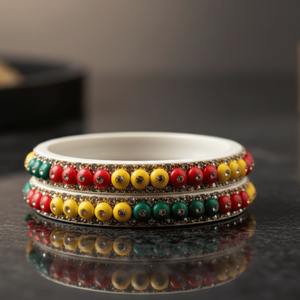 Tri-Color Beaded Lac Ball-shaped Bangles Rhinestones Diamonds Set 2-Trendy Religious Wedding Jewelry Amethyst Quartz Pearl Stone - Product Image 1