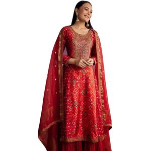 Patola đỏ và bandhani in kurta thiết lập với banarasi dupatta truyền thống Ấn Độ đám cưới và lễ hội bên mặc trang phục - Product Image 1
