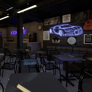 Meubles de café automobiles complets avec banquette industrielle sombre, canapé lounge modulaire et enseigne néon pour salon de lavage de voitures - Product Image 1