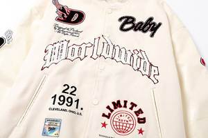 Chaqueta de béisbol con logo de parche, ropa de calle, mezcla de algodón, chaqueta de equipo universitario con mangas de cuero - Product Image 4