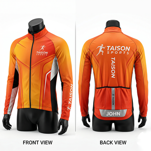 Veste de cyclisme pour homme en polyester et élasthanne de qualité supérieure, respirante, avec panneaux dégradés orange et rouge, design par sublimation, logo personnalisé. - Product Image 1