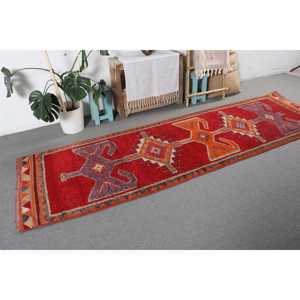 Vintage Turkish <b>Runner</b> Rug 3x10.4 ft (91x318 cm), <b>Red</b> Ombr Herki Rug - Product Image 4