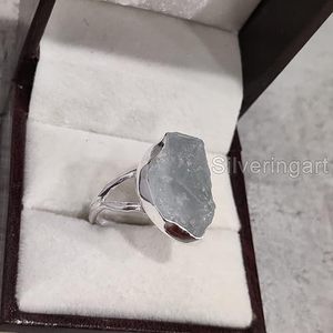 Anillo de Plata de Ley 925 con Aguamarina Natural, Piedra de Nacimiento de Marzo, Martillado, Hecho a Mano, para Cumpleaños, Navidad - Product Image 5