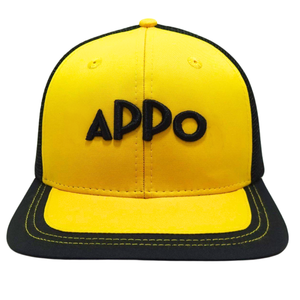 6แผงหมวกทรูเกอร์แบบสั่งทำ3D โลโก้แบบมีขอบแบนสีดำและสีเหลืองแบบตาข่ายเย็บสีตัดกันหัวเข็มขัดกระดุมแถวเดียวทำจากพลาสติก - Product Image 2