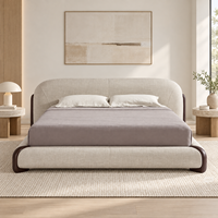 Lit king-size design moderne avec tête de lit incurvée et rembourrée, lit plateforme en tissu pour mobilier de chambre contemporain