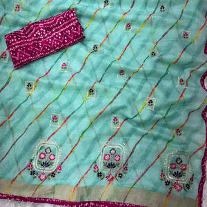 Sari en coton avec broderie complète, sequins, bordure en zari, design Bandhej, sari en Inde, vêtements - Product Image 1