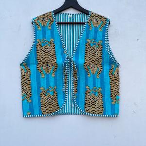 Handmade Cotton Reversible Hip Hop Puffer Waistcoat <b>Women</b> Breathable Leopard Printed V-Neck Front Open Jacket Sustainable Stripe - Product Image 1