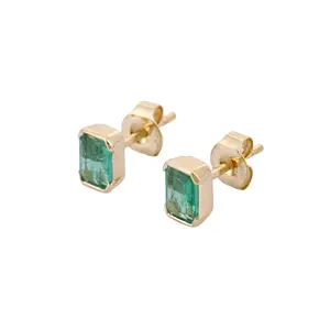 Trending Handmade High Quality Genuine Emerald Octagon Shape Earring 18K Solid Yellow Gold Stud Earrings Fashion Jewelry