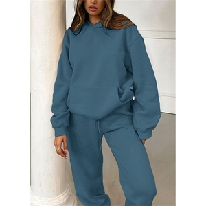 Conjunto de 2 piezas de moda informal de talla grande con logotipo personalizado, sudadera para correr, pantalones de chándal, chándal de algodón para mujer - Product Image 2