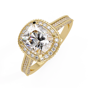 Ensemble de bagues de fiançailles vintage avec diamant de laboratoire taille coussin et halo, certifié IGI, en or 14K, avec bordure milgrain, pour mariages et cérémonies, par le fabricant - Product Image 2