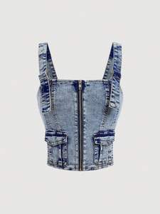 Corset moderne Haut en denim Mode basique Décontracté Chic Moderne Slim-Fit Vintage Charm Light Wash Intemporel Structuré - Product Image 3