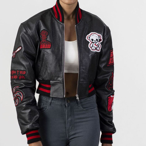 Veste universitaire en cuir véritable sur mesure de haute qualité pour femmes, streetwear, coupe courte, patchs en chenille, broderie de lettres pour - Product Image 4