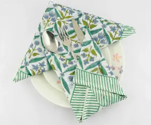 Olive And Hunter Green Air Force Blue Indian Hand Block Beautiful Printed 100% Cotton Cloth Bordered Napkin For Wedding