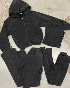 Conjunto de 3 piezas de Pantalón cargo personalizado de algodón de felpa francesa con cremallera lavado ácido en blanco Sudadera con capucha desgastada chándal apilados para mujer - Product Image 3