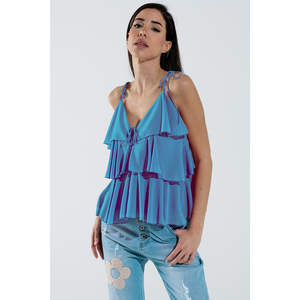 Top de Gasa Azul con Volantes y Tirantes Finos, Estilo Camisero con Mangas Tipo Espagueti - Product Image 1