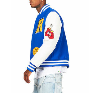 Veste universitaire en toile et laine avec logo personnalisé, patchwork, bleu royal et blanc, poches diagonales, streetwear - Product Image 6