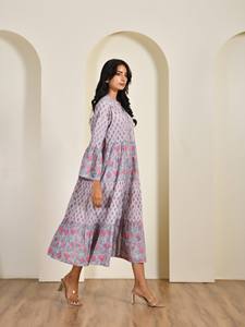 ชุดเดรสแขนยาวผ้าฝ้าย100% พิมพ์ลายดอกไม้สไตล์อินเดียกระดุมทรงหลวมน่ารักระบายอากาศได้ดีเป็นมิตรกับสิ่งแวดล้อม - Product Image 2