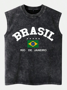 2025 lavé Gym sans manches sport costume hommes décontracté brésilien graphique impression athlétique gilet tenue 2 pièces hommes T-Shirt ensemble - Product Image 2