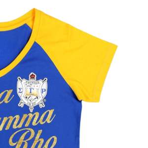 Sigma Gamma Rho SGRho V Neck Tee Royal Blue <b>Gold</b> 100 Cotton Printed Script Embroidered Crest Sorority Greek Life Shirt - Product Image 3