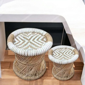 Set 2 Boho Bone Inlay Console <b>Stool</b> Handwoven Natural Bamboo Wicker Ottoman Pouffe Traditional Bedroom Apartment Furniture Soft - Product Image 2