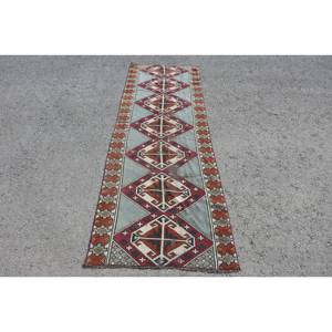 Alfombra turca étnica roja azul 2,6X7,7 pies de área grande Material de lana Patrón de retazos Látex para sala de estar Pasillo Alfombra de habitación de 10mm - Product Image 1