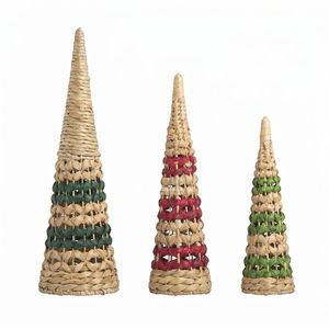 Handwoven Christmas <b>Tree</b> Cone Decor Set of 3 Eco-Friendly Indoor <b>Tabletop</b> Pine <b>Tree</b> Ornament Natural Green Red Weave - Product Image 1
