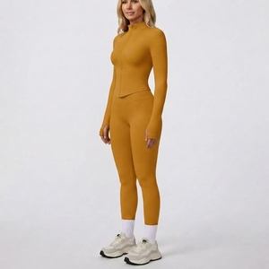 <b>Women</b>’s Fitness Clothing Set Long Sleeve Zip Front Top High Waist <b>Leggings</b> Workout Training Activewear - Product Image 4