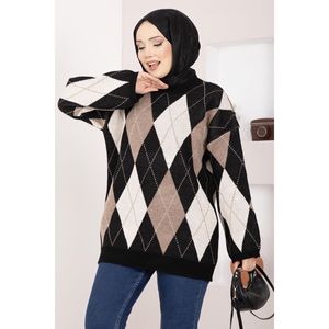 Pull en tricot surdimensionné à motif Baklava décontracté d'automne en noir - Product Image 2