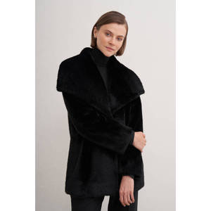 Abrigo de Piel de Chinchilla con Cuello Mao - Abrigo Largo de Cuero Genuino Negro Talla Grande - Product Image 4